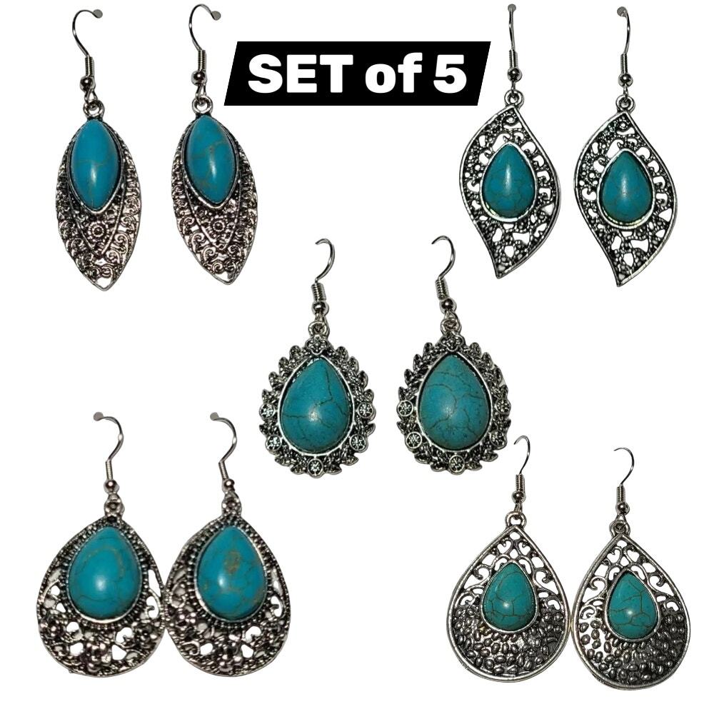 Silver Turquoise Stone Dangle Drop Fashion Earrings Set of 5 ~ NEW